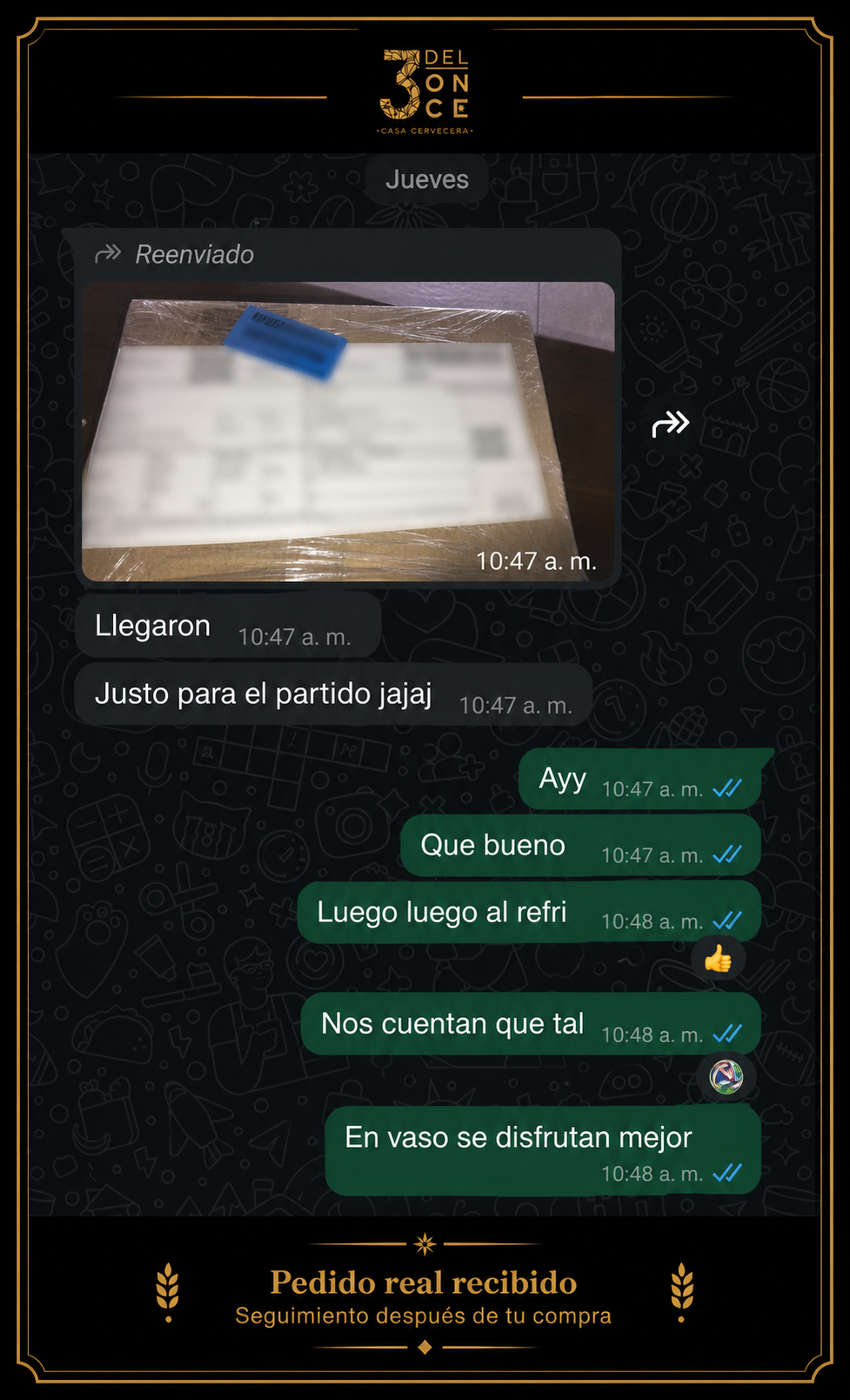 Captura de cliente confirmando que recibió su pedido de Tiempo Extra justo para el partido